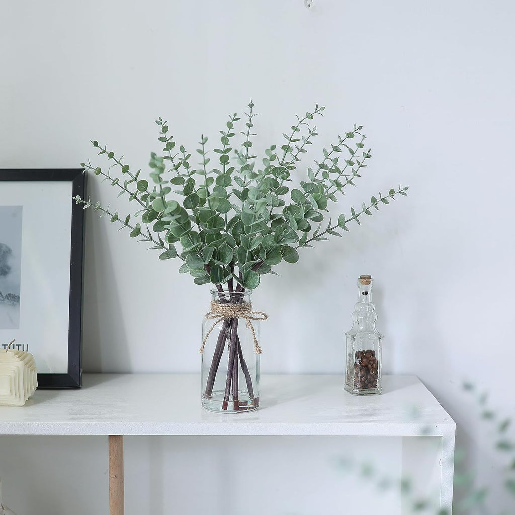 17.5" Artificial Eucalyptus Stems in Glass Vase with Faux Water,Fake Plant Eucalyptus Leaves White Seeds for Centerpiece Table Decorations Farmhouse Wedding Home Greenery Decor (Sage Green)