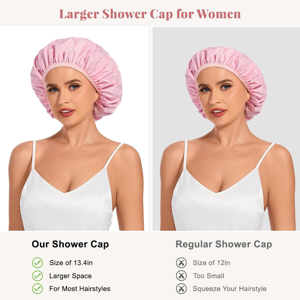 Shower Cap for Women Waterproof Reusable, Large Shower Cap Non-Slip with Elastic Band, Washable Bath Hair Hat for Long Hair, Braids (Pink)