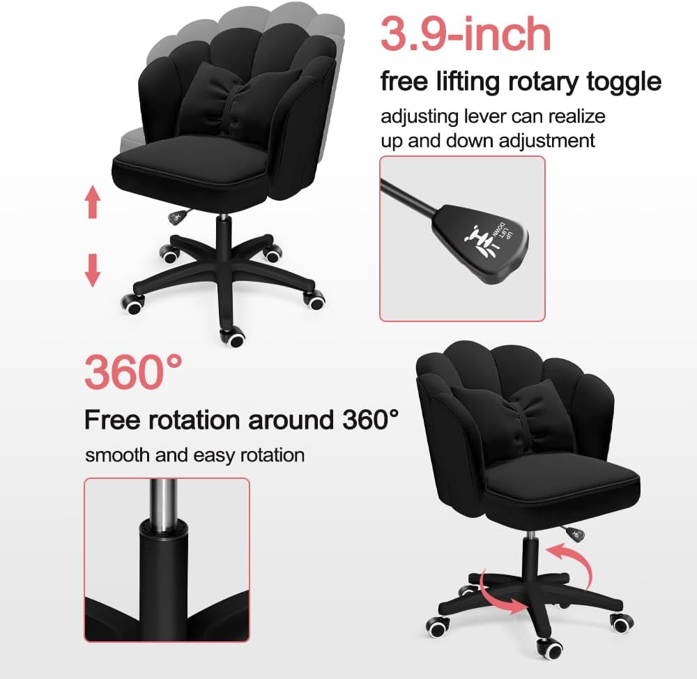 Chair with Bow Cushion Velvet Vanity Chair with Wheels, Upholstered Home Office Chair for Girls Women, Mid-Back Swivel Computer Task Chairs for Living Room Bedroom