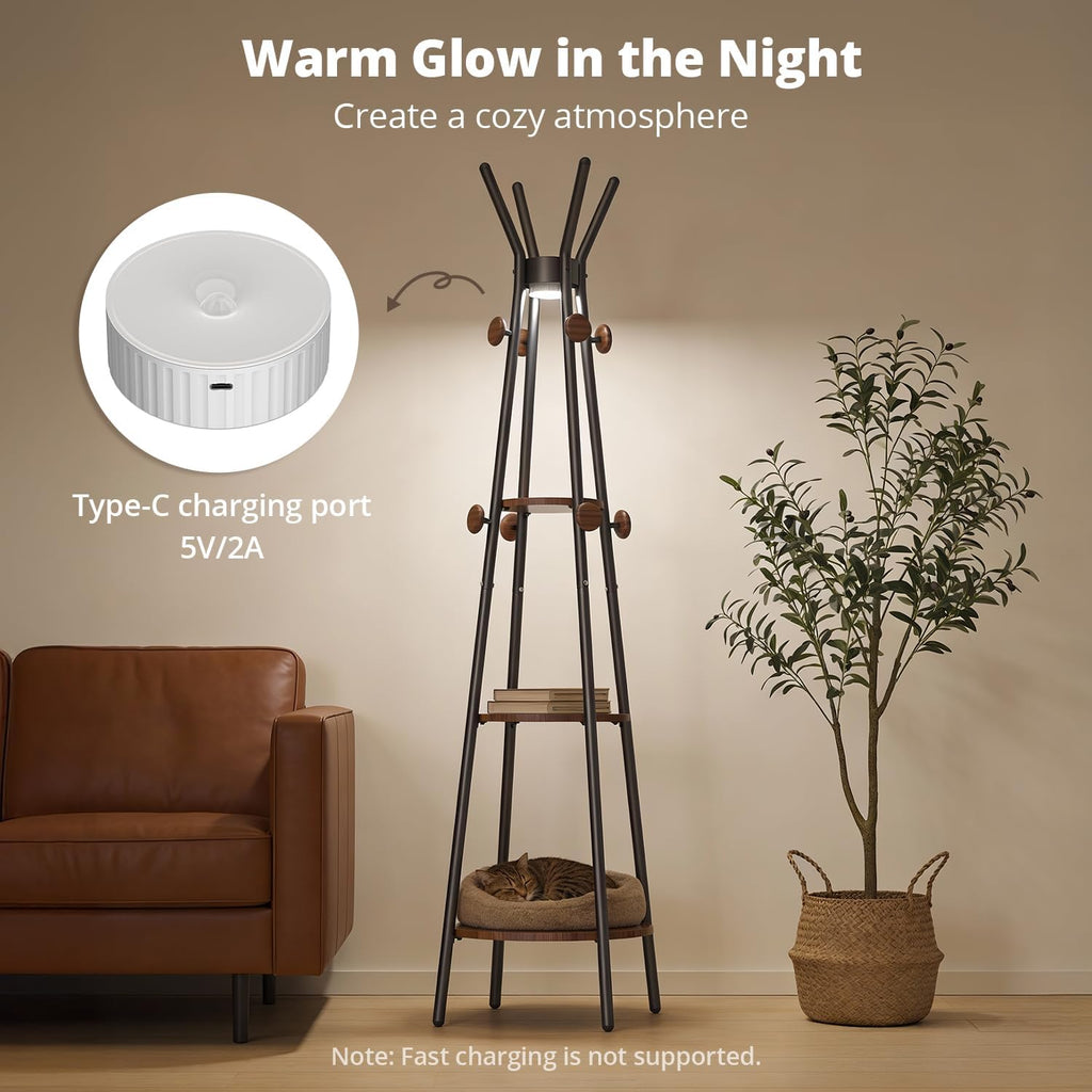 young master Coat Rack, Freestanding Coat Rack with 3 Shelves and 12 Hooks, Coat tree with Motion Sensor Light for Entryway, Livingroom, Hall Tree Free Standing for Coats, Scarves, Handbags, Black