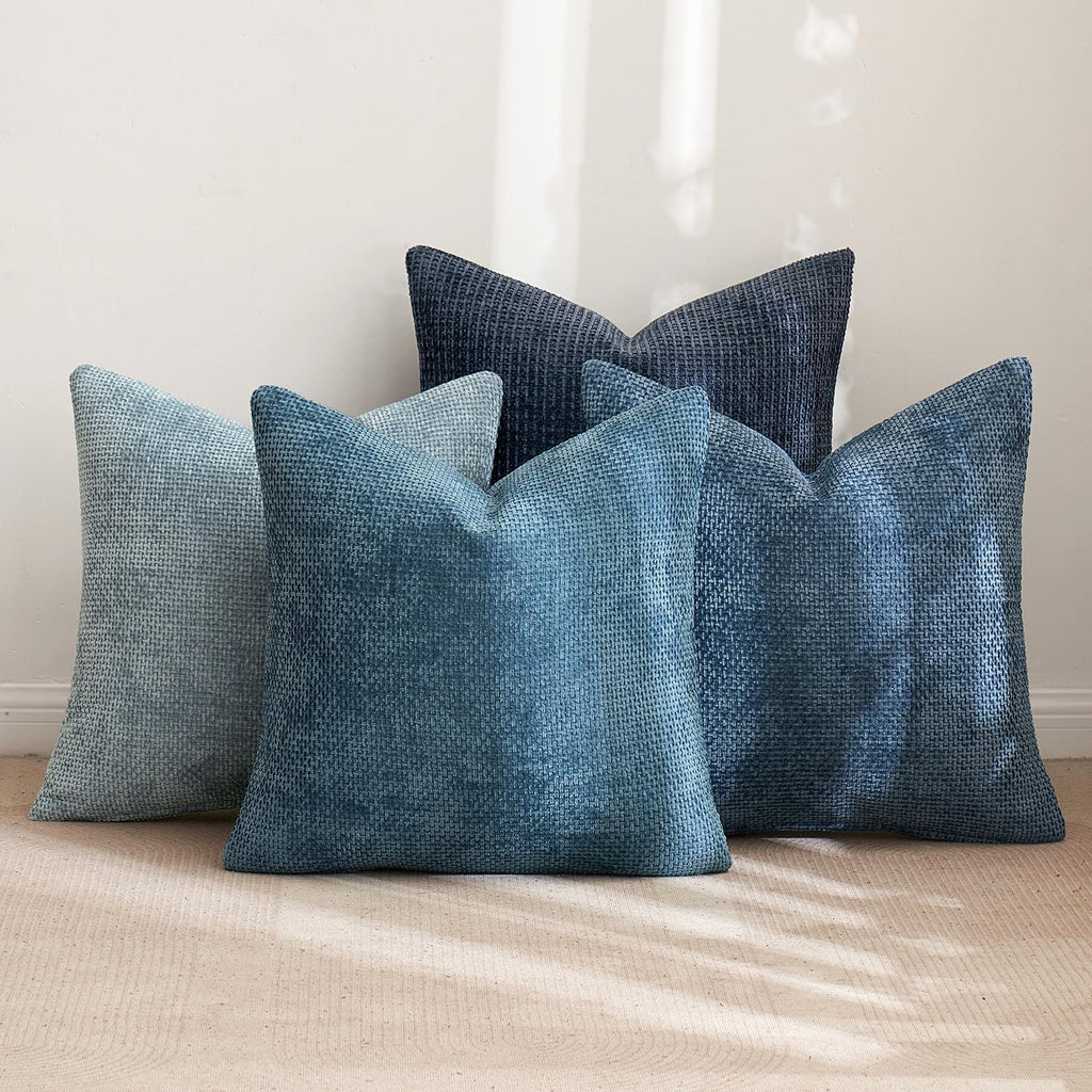 Pack of 4 Couch Throw Pillow Covers 18x18 Inch Neutral Blue Soft Decorative Chenille Pillow Covers Farmhouse Accent Cushion Covers for Boho Western Spring Coastal Decor Sofa Bed Living Room
