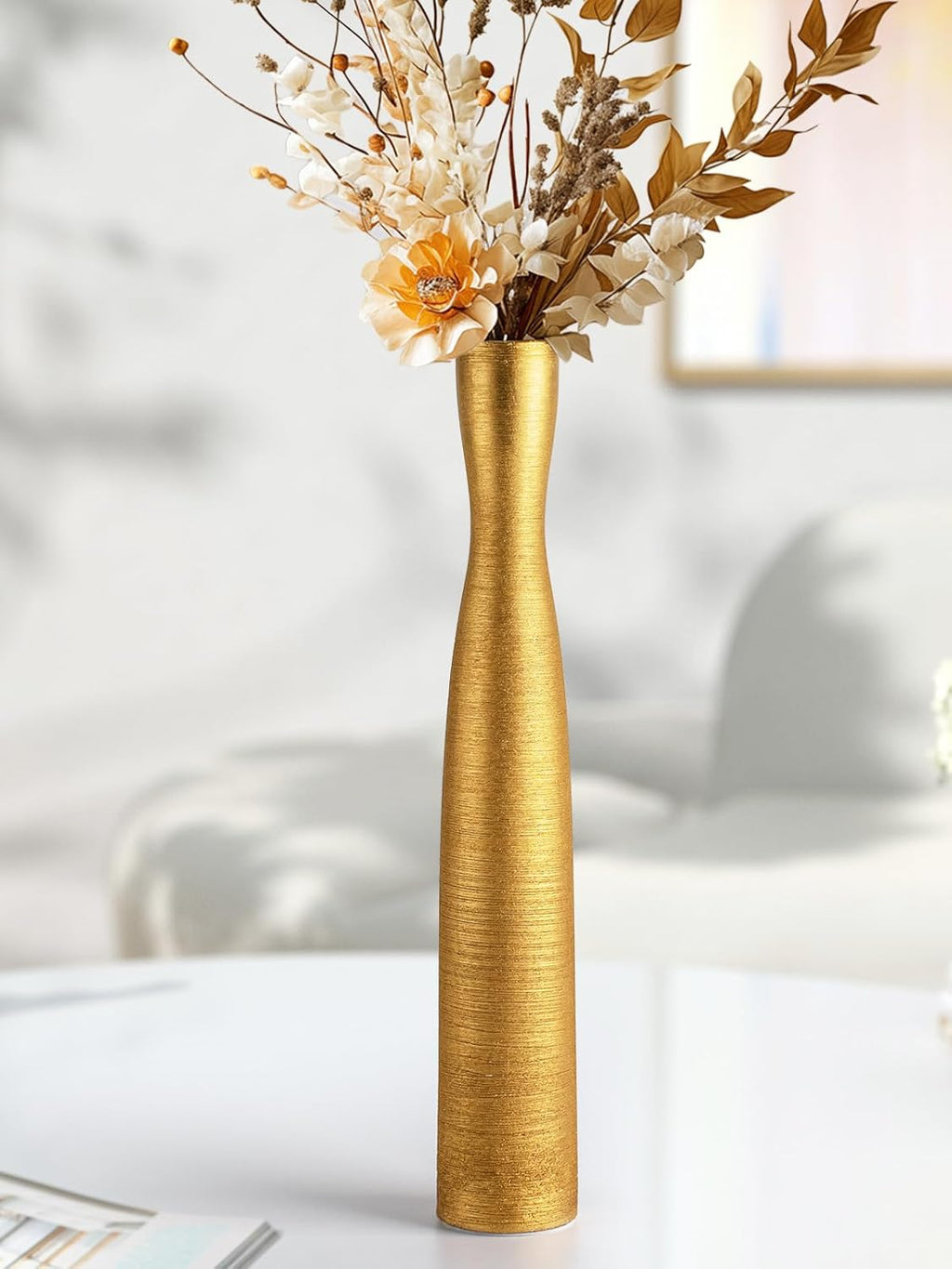 Tall Gold Vase, 16.5 Inch Skinny Flower Vases, Handmade Ceramic Vase Modern Minimalist Style for Living Room,Home,Office,Centerpiece,Table,Wedding Party