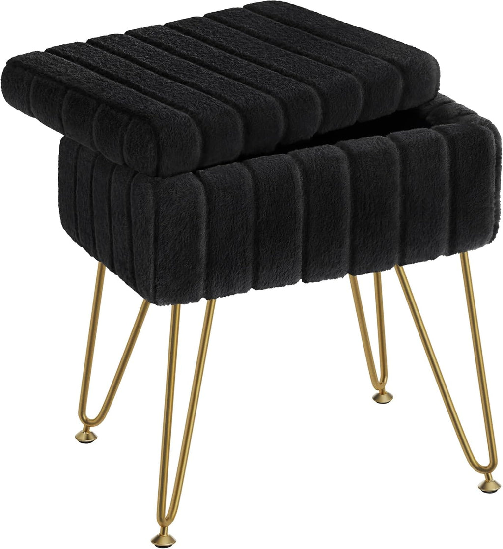 Vanity Stool Chair Faux Fur with Storage, 15.7"L x 11.8"W x 19.4"H Soft Ottoman 4 Metal Legs with Anti-Slip Feet, Furry Padded Seat, Modern Multifunctional Chairs for Makeup, Bedroom White